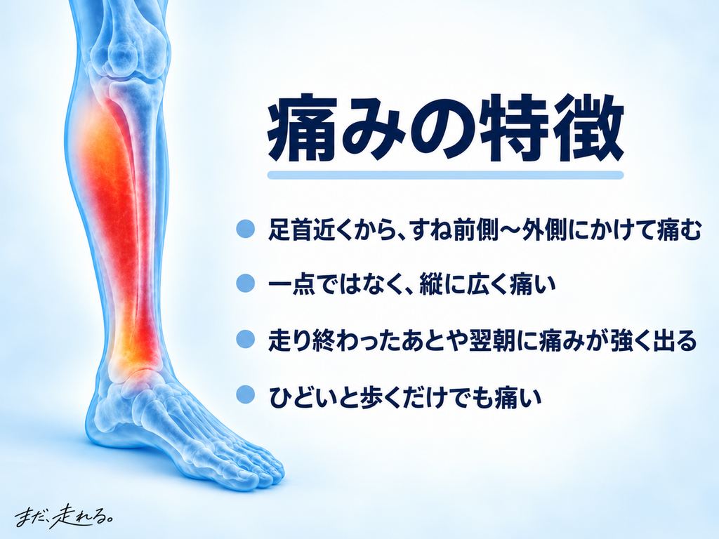 シンスプリントで経験した、すねの前側から外側にかけての痛みの特徴