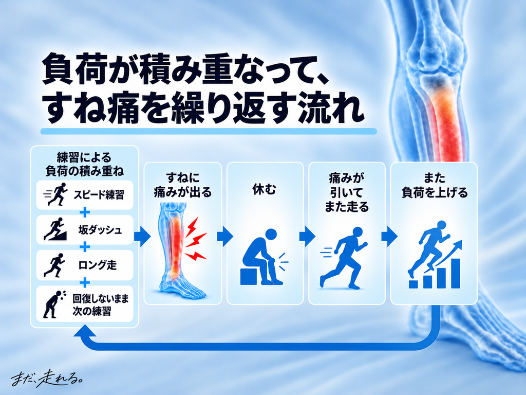 高負荷の練習からすねの痛み、休養、再開、再び負荷を上げるまでの繰り返し