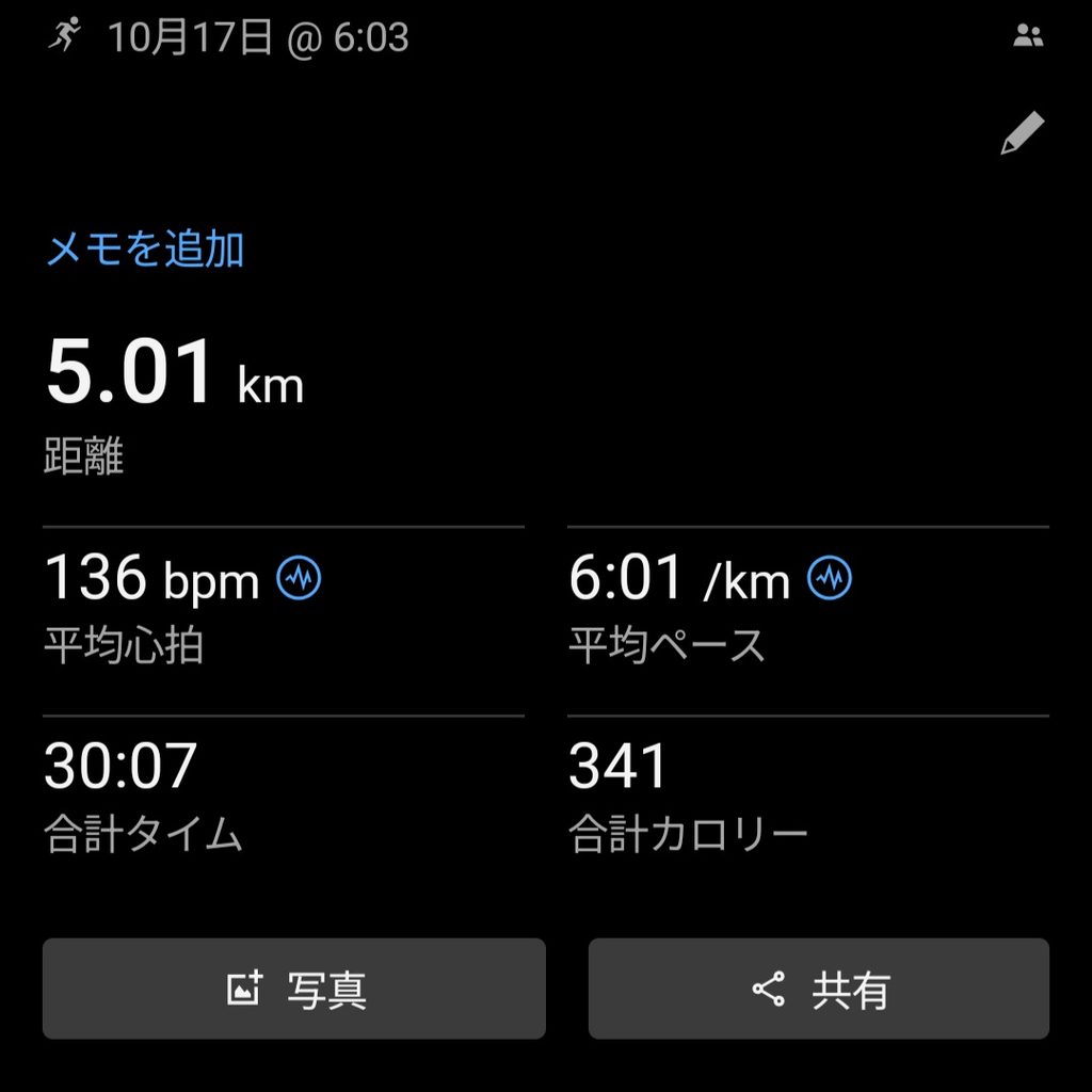 10月17日のGarminランニング記録。5.01km、平均ペース6分1秒