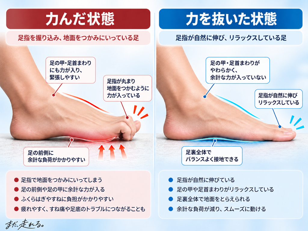 足指を握り込んだ状態と、力を抜いて自然に伸ばした状態の比較
